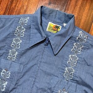 The Genuine Haband Guayabera Shirt Mens Large Blue Zip Up Embroidered Short SLV